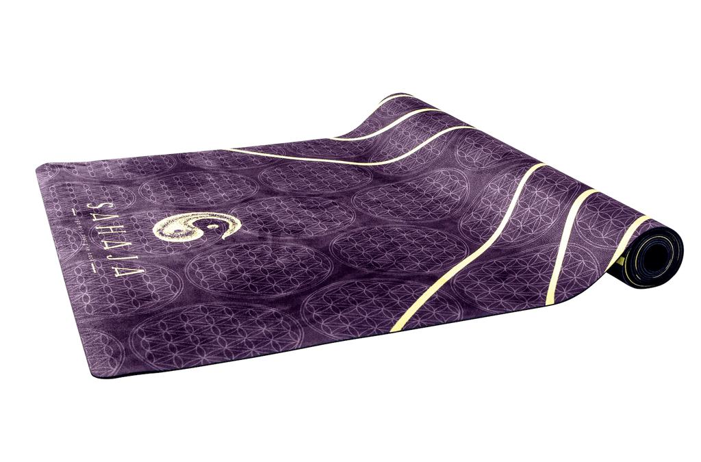 Sahaja Yoga Mats That Give Back. half rolled black yoga mat, yang travel yoga mat. Black with yellow flower of life, sacred geometry yoga mat that gives back with every purchase.