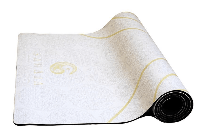 Sahaja Yoga Mats That Give Back. Half rolled white yin travel yoga mat.White yoga mat with yellow flower of life, sacred geometry yoga mat that gives back with every purchase.