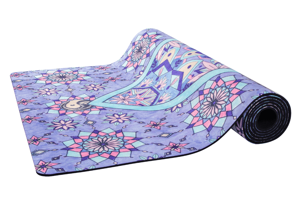 Sahaja Yoga mat, moroccan door yoga mat. half rolled out Sahaja Yoga mat in Joy. Printed and beautiful yoga mats.