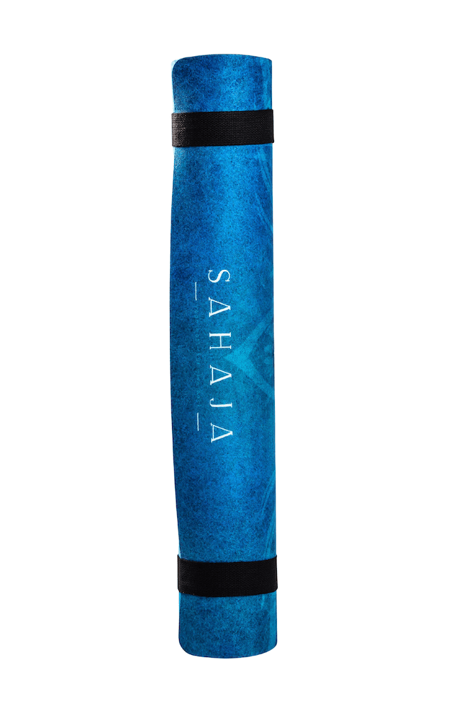 Sahaja Yoga mats that give back. Rolled out Crescent Moon yoga mat, blue yoga mat with the phases of the moon. Printed and beautiful yoga mats.