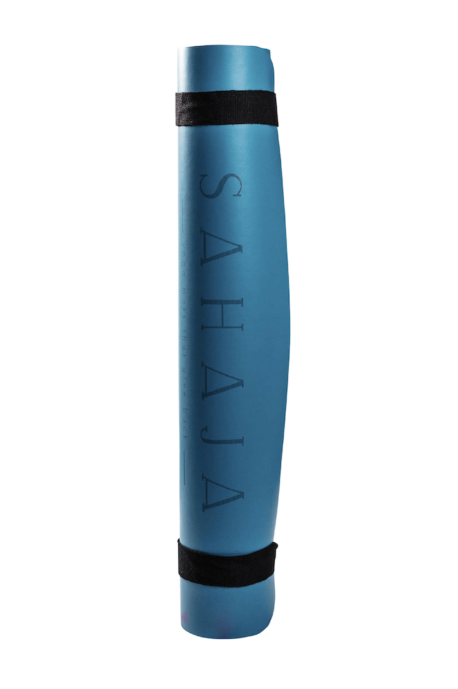 Sahaja Yoga mats That Give Back. Super grippy travel yoga mat. Sky Blue with Sri Yantra engraving for alignment.