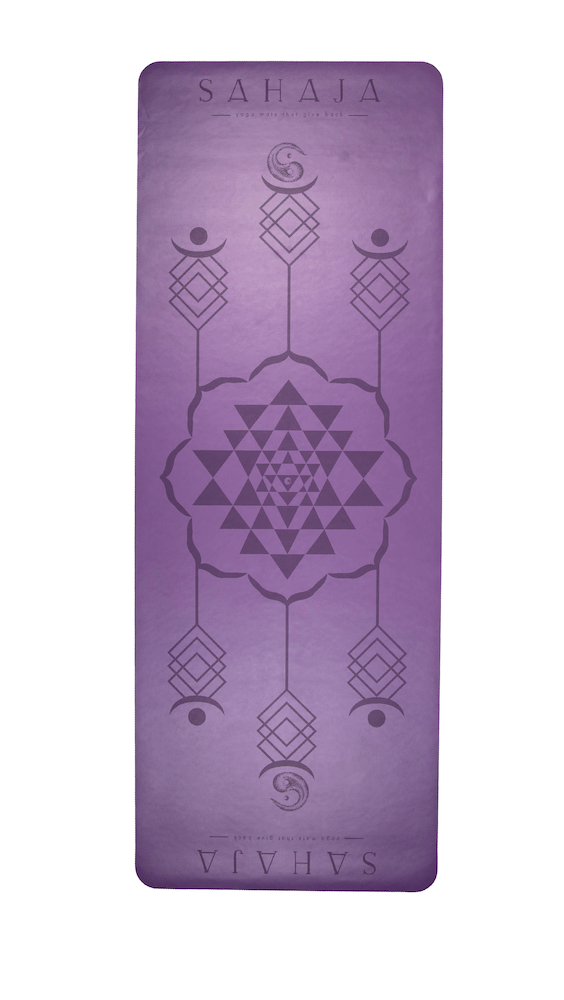 Sahaja Yoga mats That Give Back. Super grippy travel yoga mat. Purple with Sri Yantra engraving for alignment.
