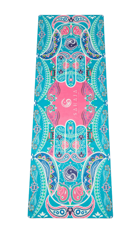 Sahaja Yoga Mat, beautiful original hamsa hand created to aid in alignment during yoga practice.