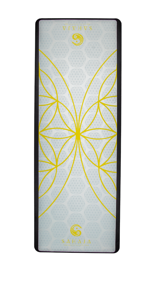 Sahaja Yoga Mats That Give Back. rolled out yin travel yoga mat. White with yellow flower of life, sacred geometry yoga mat that gives back with every purchase.